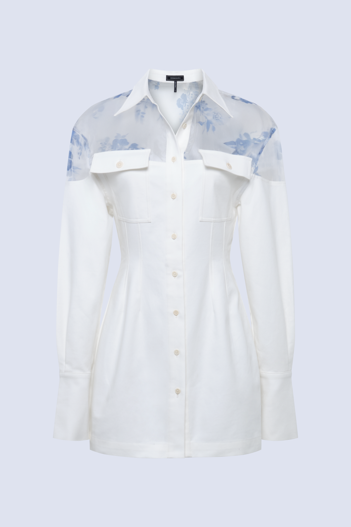 BCBGMAXAZARIA Patricia Printed Mixed-media shirt dress that uses sheer contrast to create the illusion of layering.