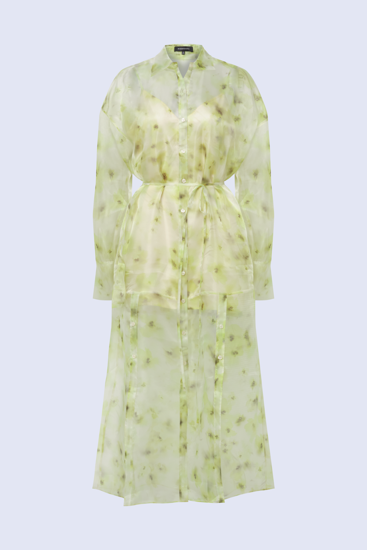 BCBGMAXAZARIA Monica Printed Sheer printed shirt dress in airy organza with a soft fluid drape.
