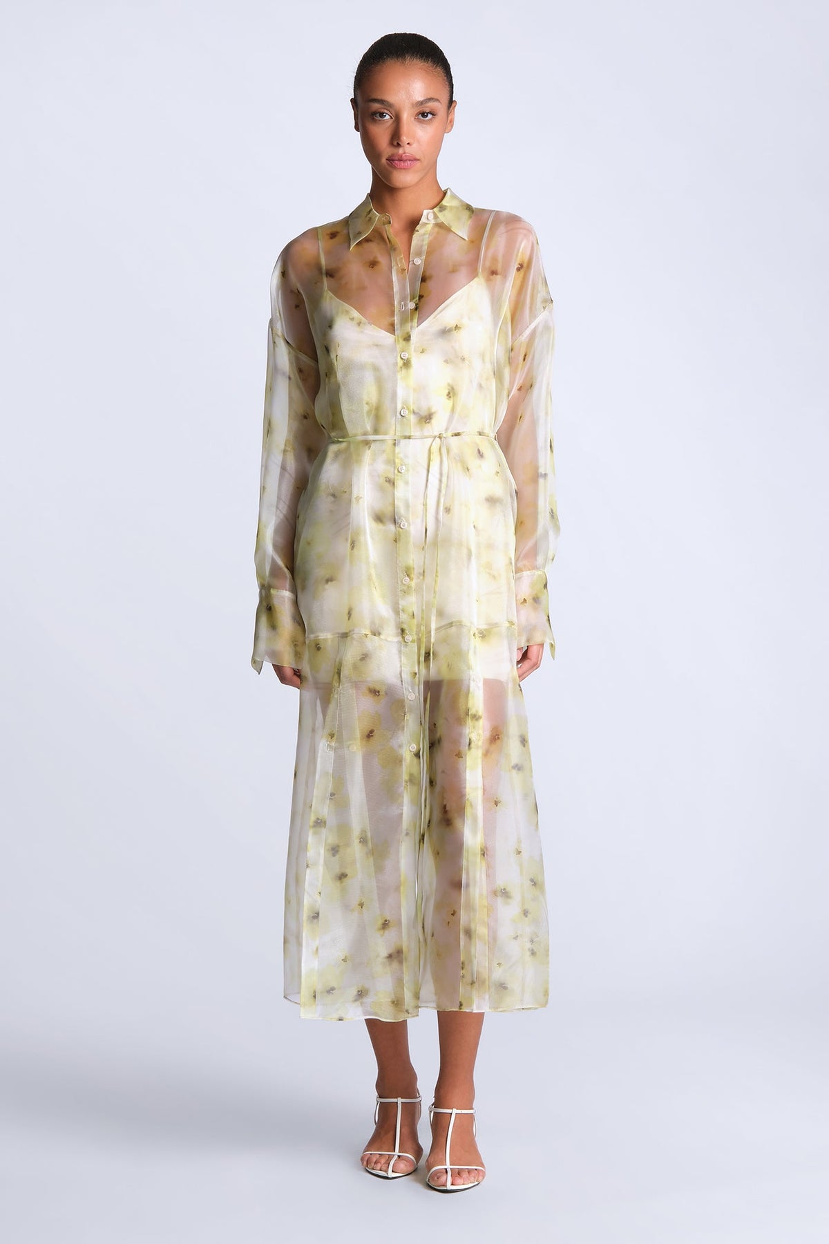 BCBGMAXAZARIA Monica Printed Sheer printed shirt dress in airy organza with a soft fluid drape.