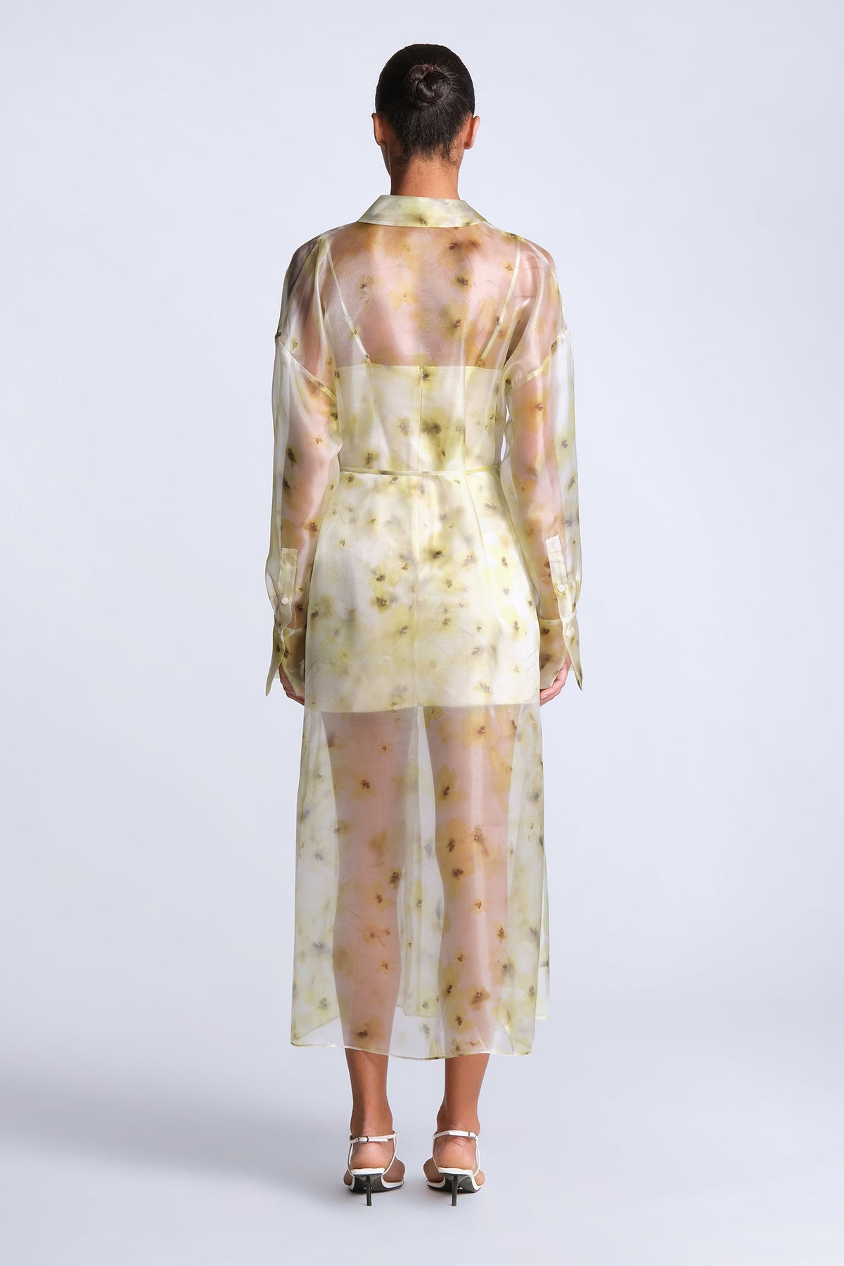 BCBGMAXAZARIA Monica Printed Sheer printed shirt dress in airy organza with a soft fluid drape.