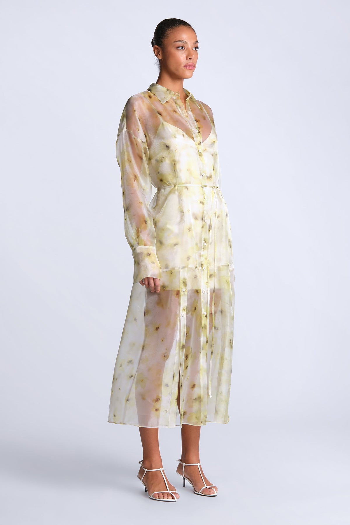 BCBGMAXAZARIA Monica Printed Sheer printed shirt dress in airy organza with a soft fluid drape.