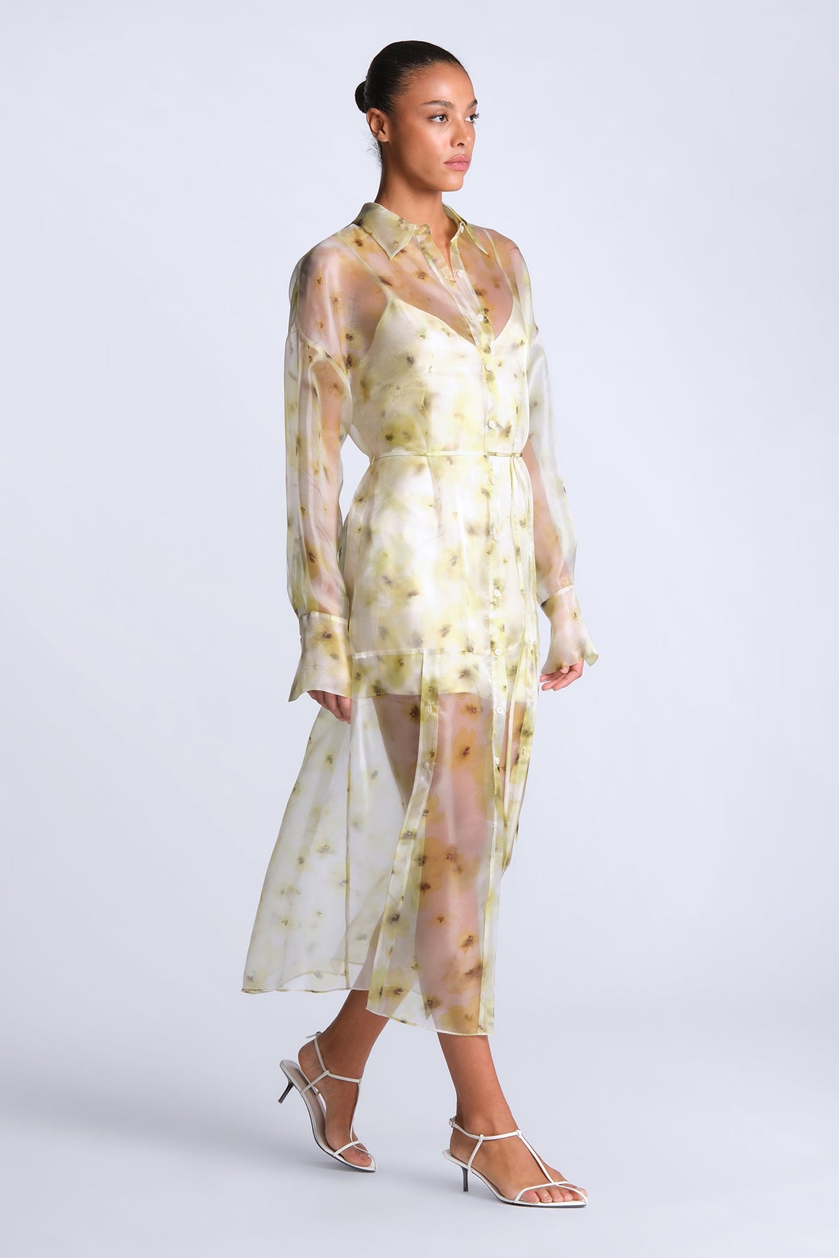 BCBGMAXAZARIA Monica Printed Sheer printed shirt dress in airy organza with a soft fluid drape.