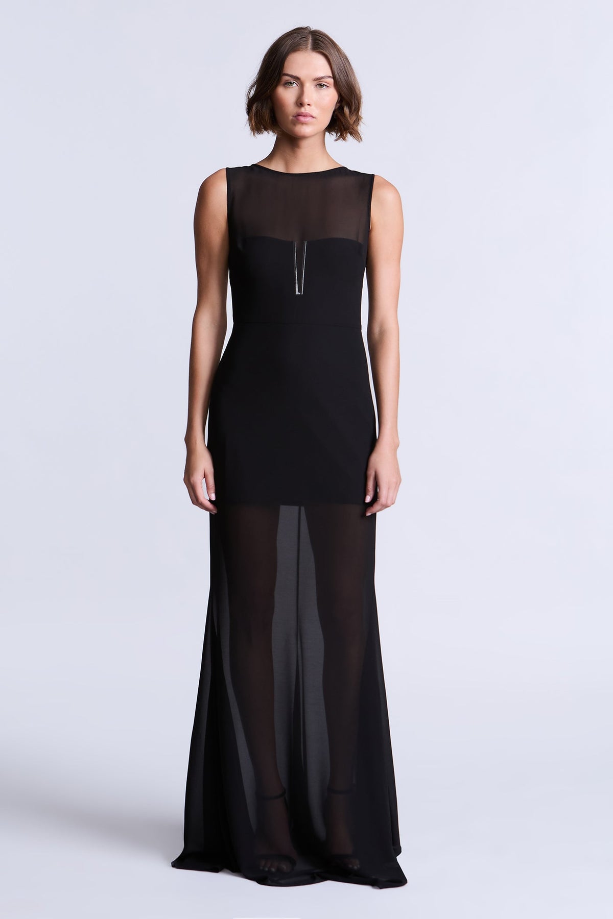 BCBGMAXAZARIA Bella Sheer gown cut from fluid chiffon with a soft weightless drape.