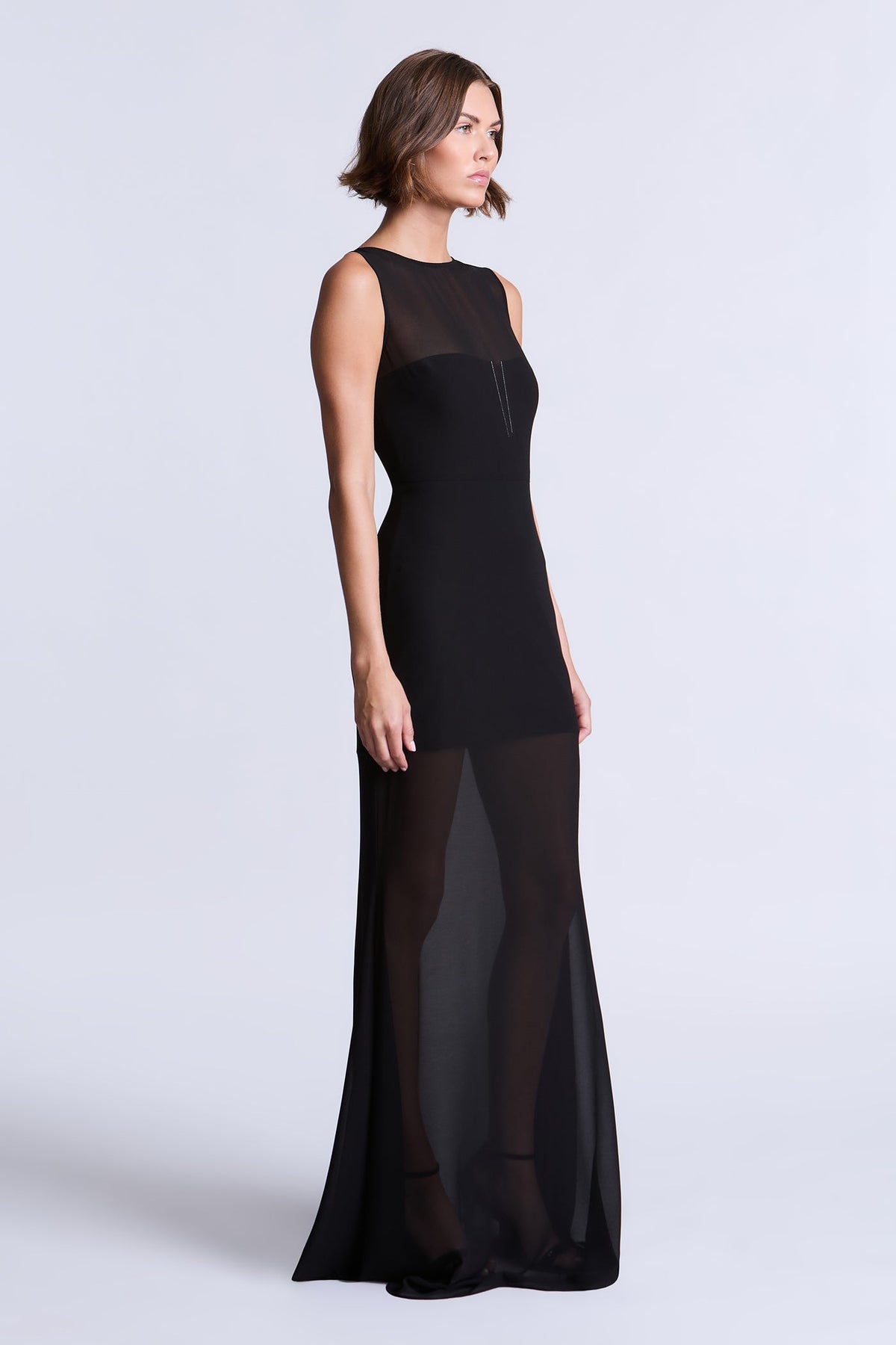 BCBGMAXAZARIA Bella Sheer gown cut from fluid chiffon with a soft weightless drape.