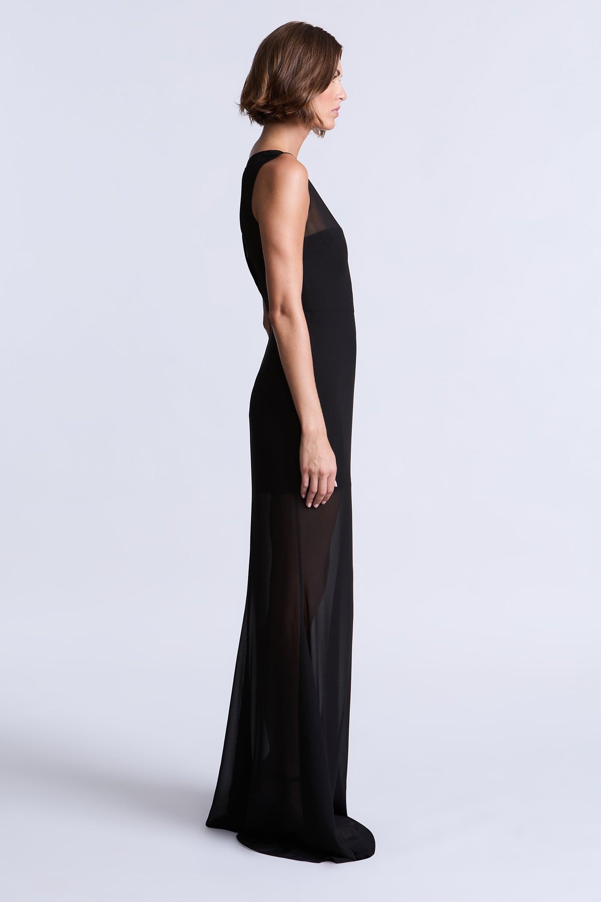 BCBGMAXAZARIA Bella Sheer gown cut from fluid chiffon with a soft weightless drape.