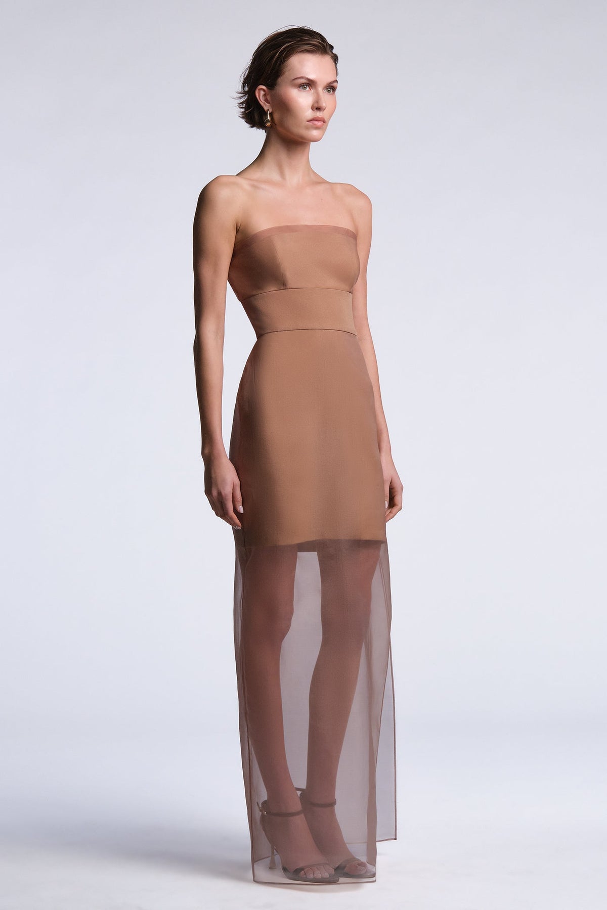 BCBGMAXAZARIA Eva Dress Sheer nude organza dress layered over a softly structured base creating