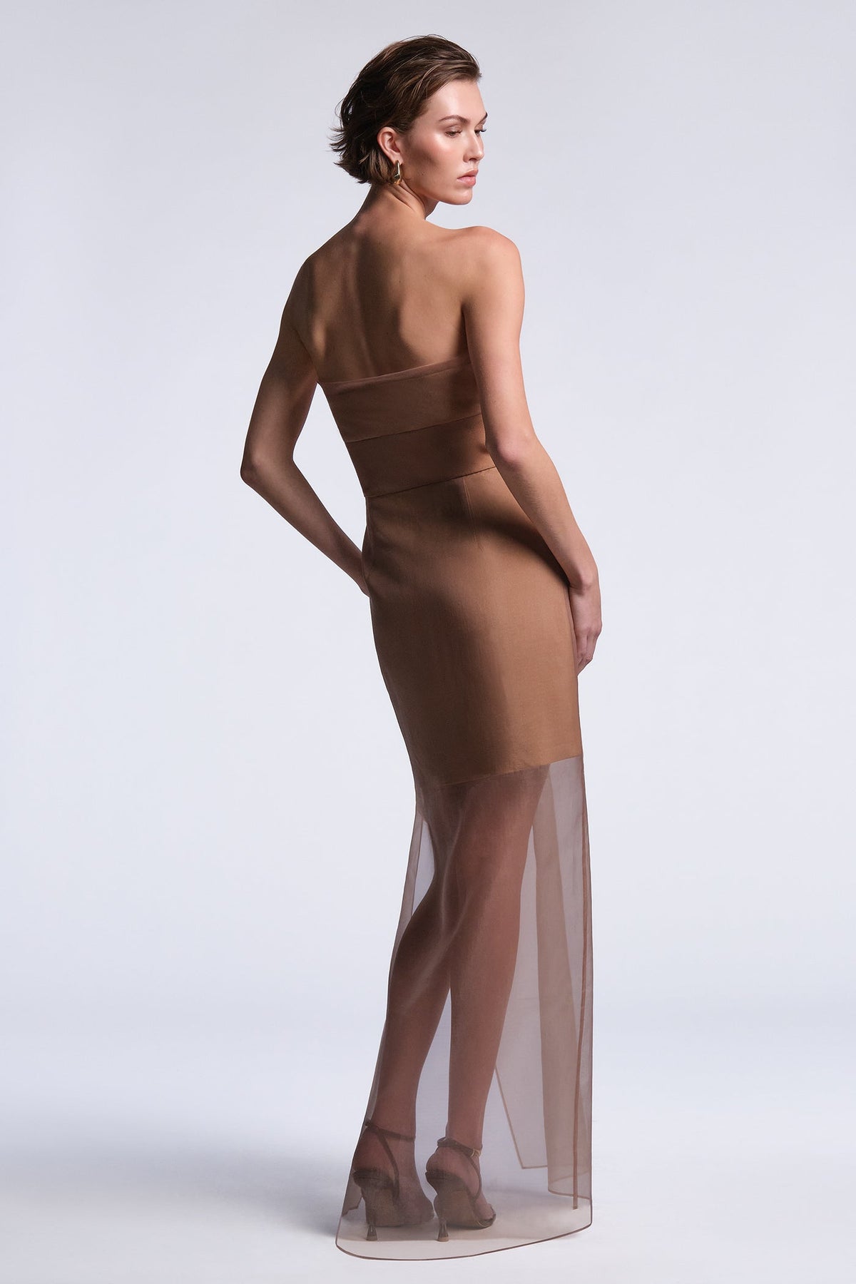 BCBGMAXAZARIA Eva Dress Sheer nude organza dress layered over a softly structured base creating