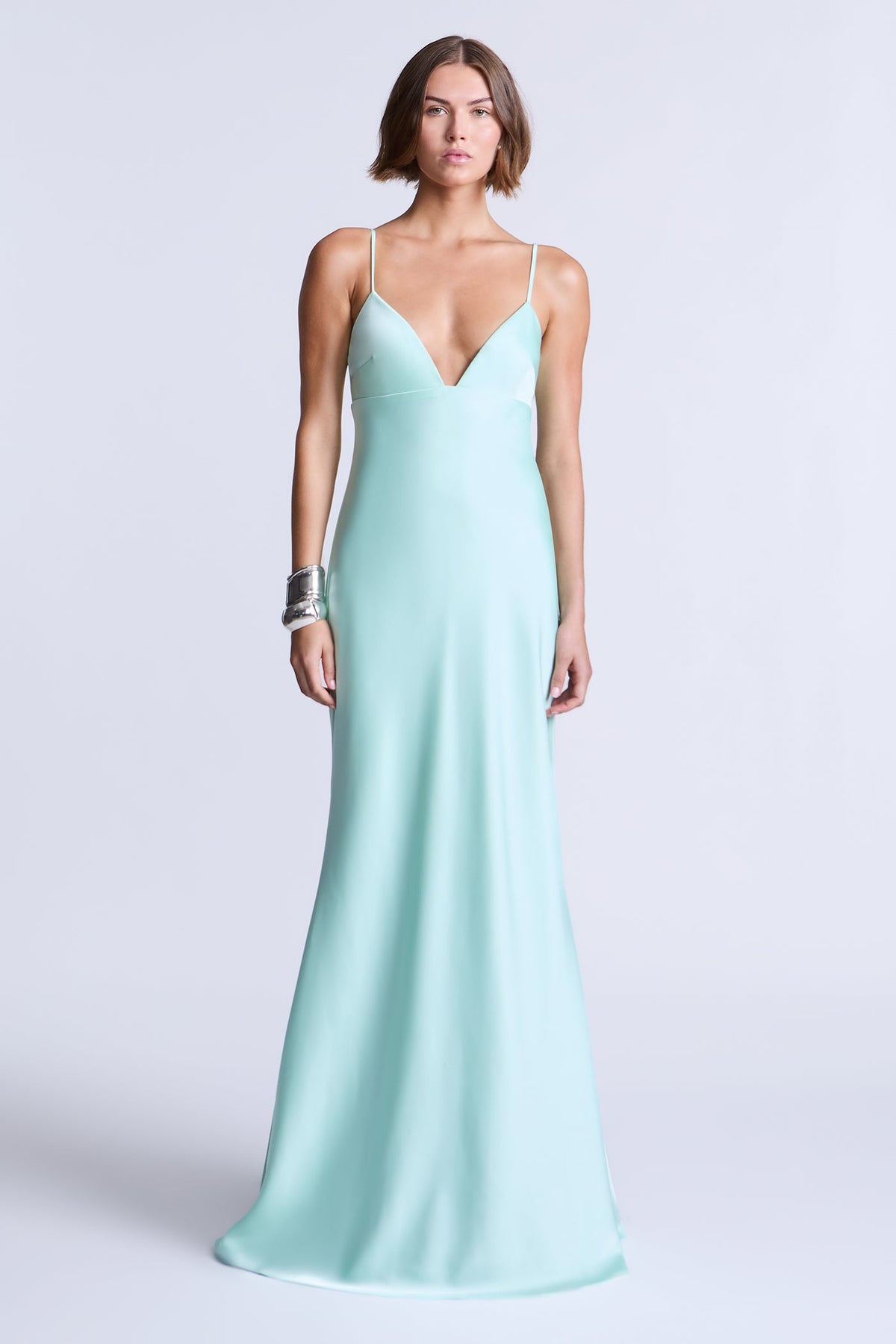 BCBGMAXAZARIA Faith Gown Seafoam satin cut with a smooth fluid finish that skims the body with quiet polish
