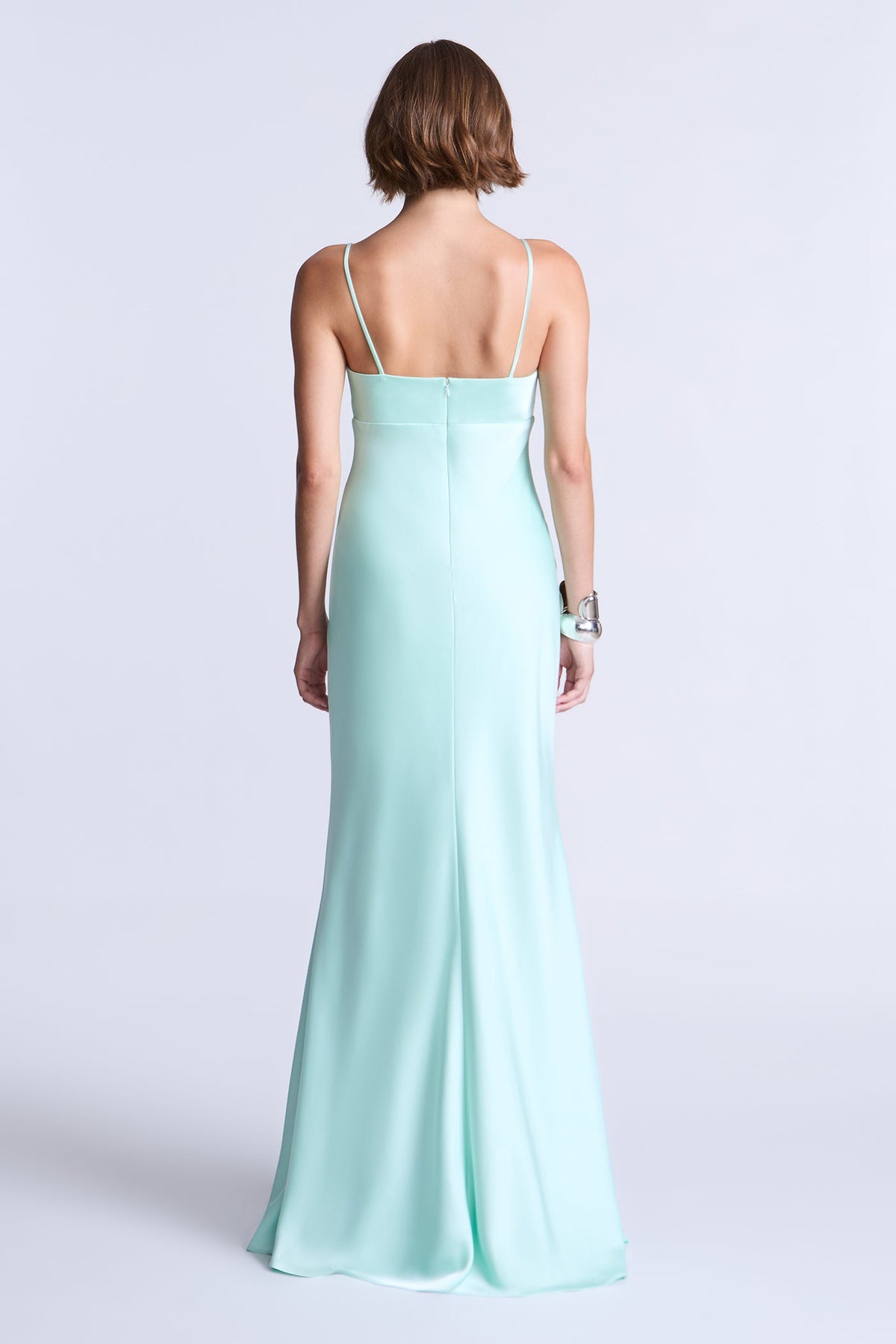 BCBGMAXAZARIA Faith Gown Seafoam satin cut with a smooth fluid finish that skims the body with quiet polish