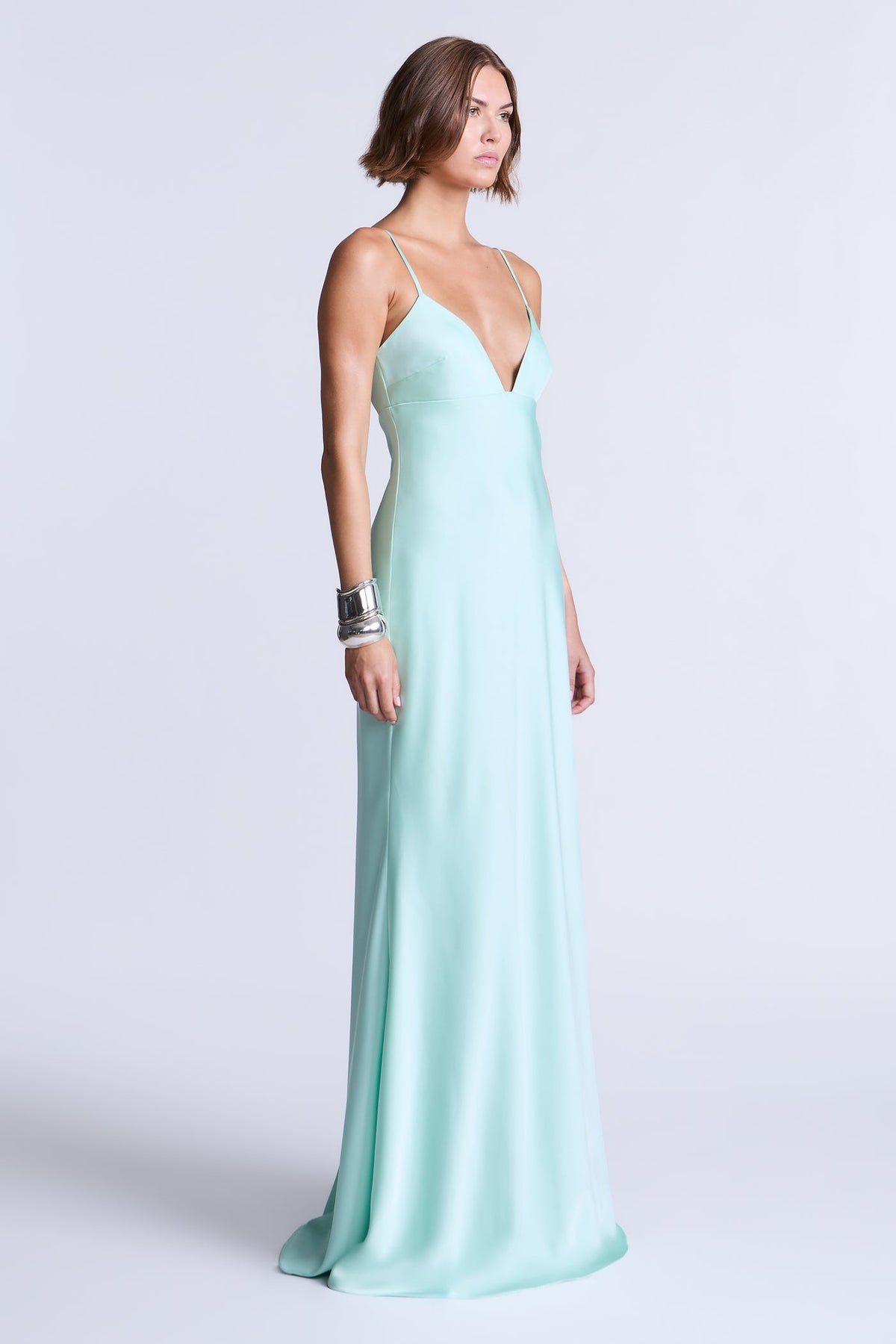 BCBGMAXAZARIA Faith Gown Seafoam satin cut with a smooth fluid finish that skims the body with quiet polish