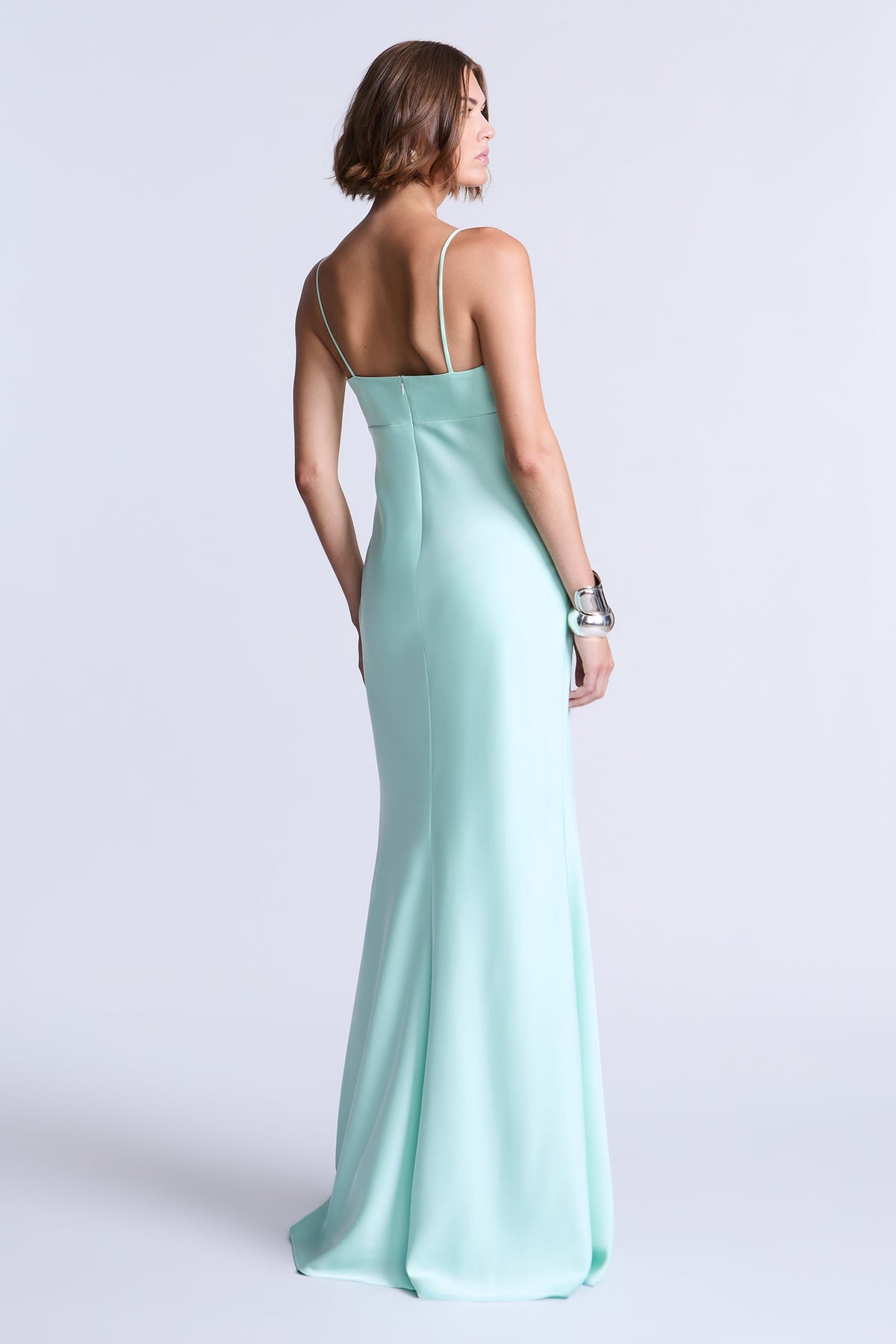 BCBGMAXAZARIA Faith Gown Seafoam satin cut with a smooth fluid finish that skims the body with quiet polish