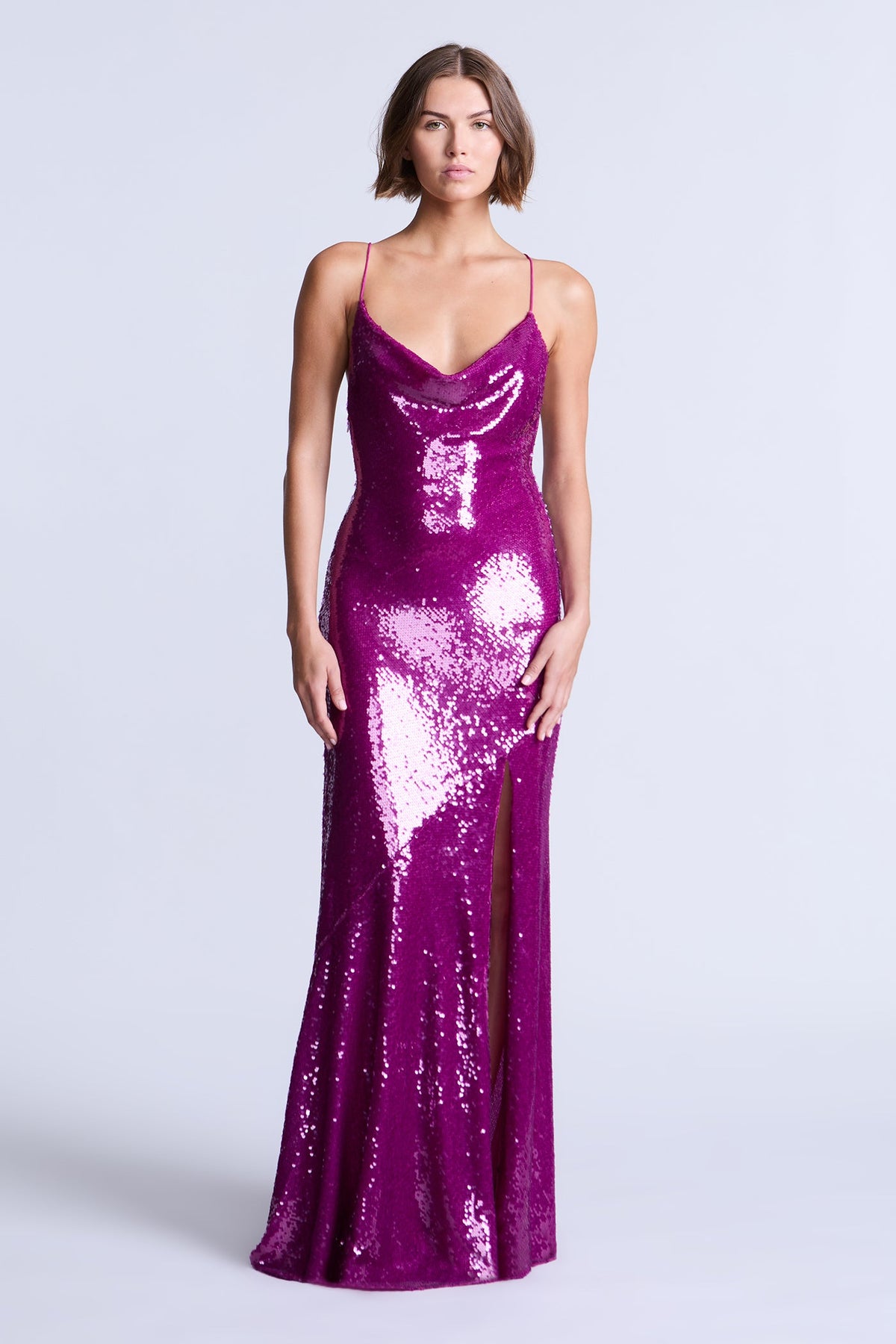 BCBGMAXAZARIA Kimberly Fuchsia sequin gown crafted with a saturated, high-gloss finish.