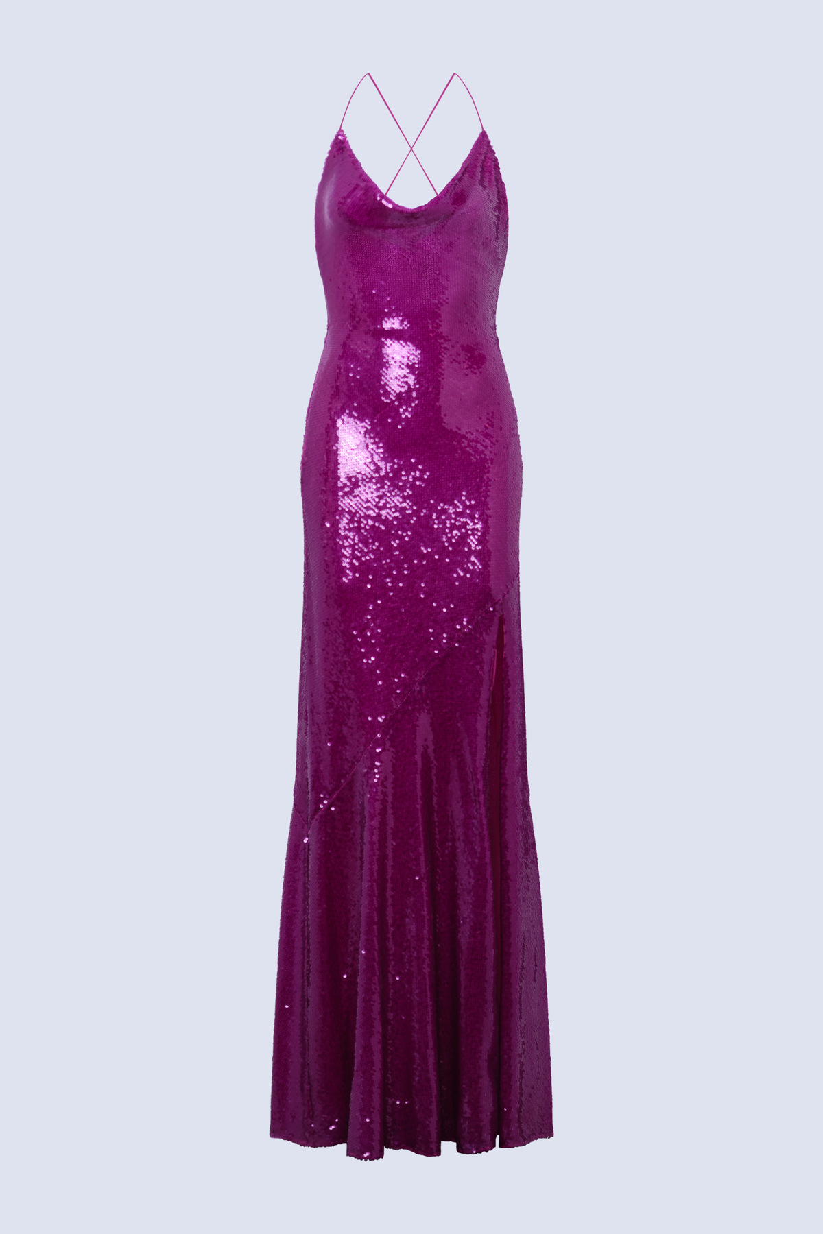 BCBGMAXAZARIA Kimberly Fuchsia sequin gown crafted with a saturated, high-gloss finish.