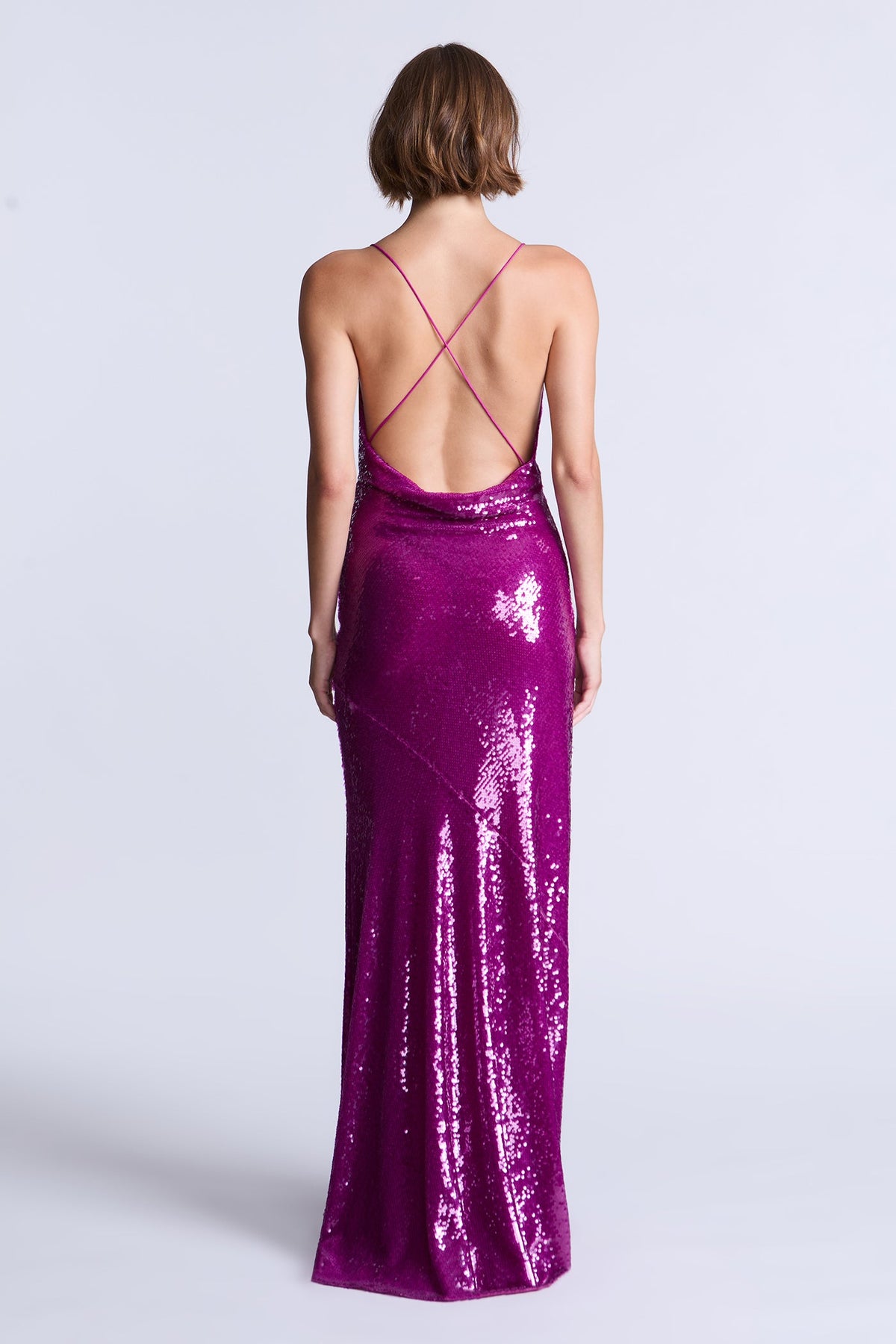 BCBGMAXAZARIA Kimberly Fuchsia sequin gown crafted with a saturated, high-gloss finish.