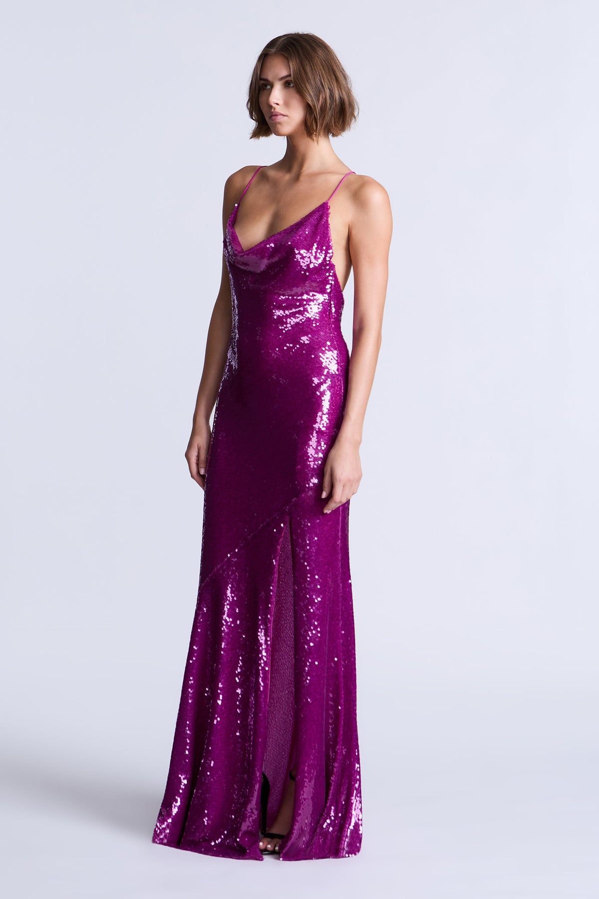 BCBGMAXAZARIA Kimberly Fuchsia sequin gown crafted with a saturated, high-gloss finish.