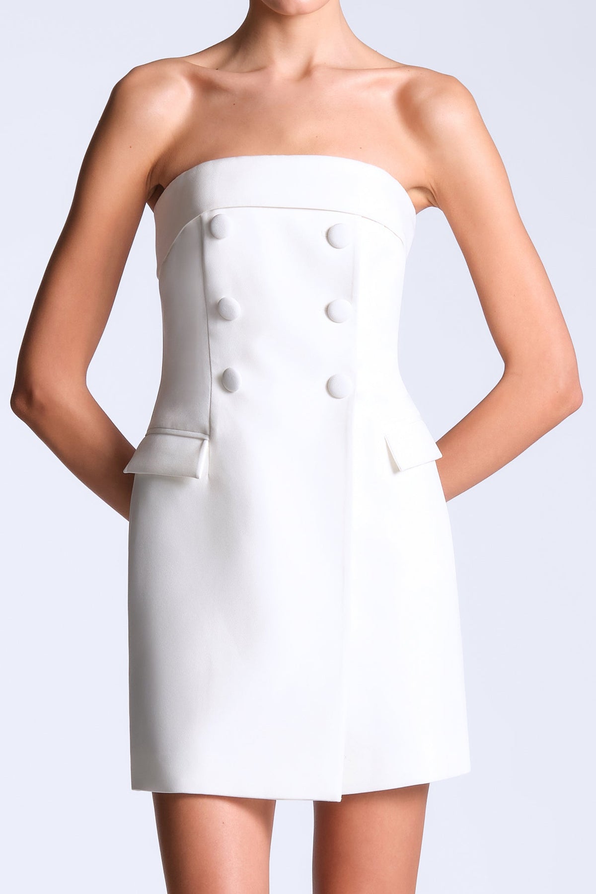 BCBGMAXAZARIA Carmen Dress Strapless white mini dress with sharp blazer-inspired structure