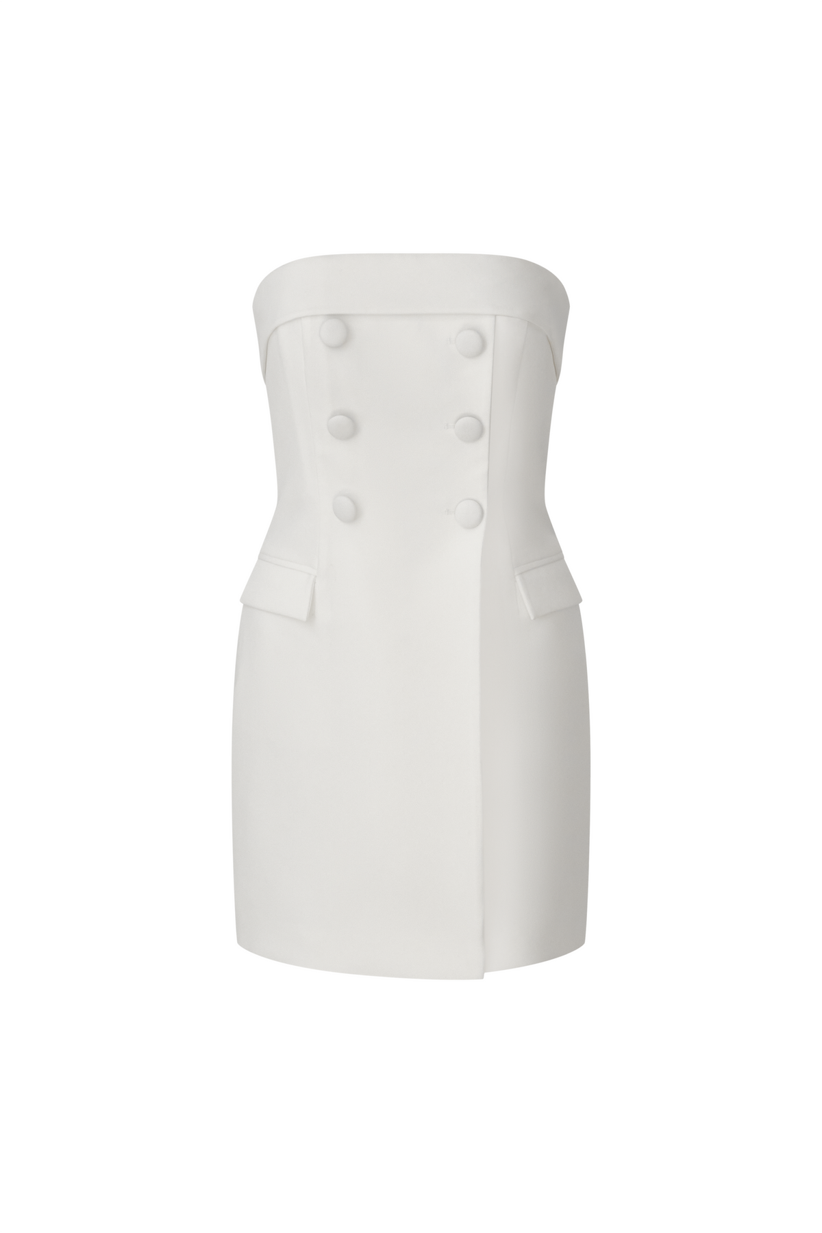 BCBGMAXAZARIA Carmen Dress Strapless white mini dress with sharp blazer-inspired structure