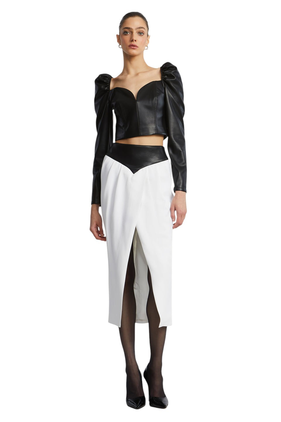 BCBGMAXAZARIA Puff Sleeve Leather Top