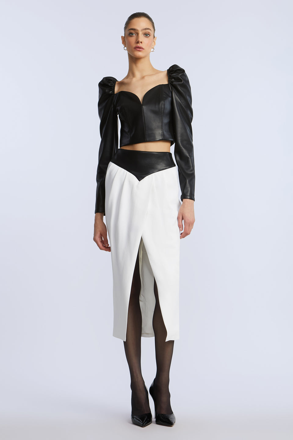 BCBGMAXAZARIA Puff Sleeve Leather Top