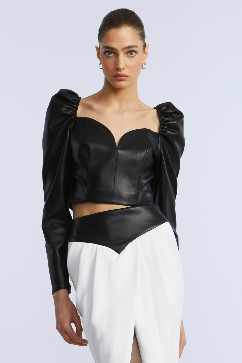 BCBGMAXAZARIA Puff Sleeve Leather Top