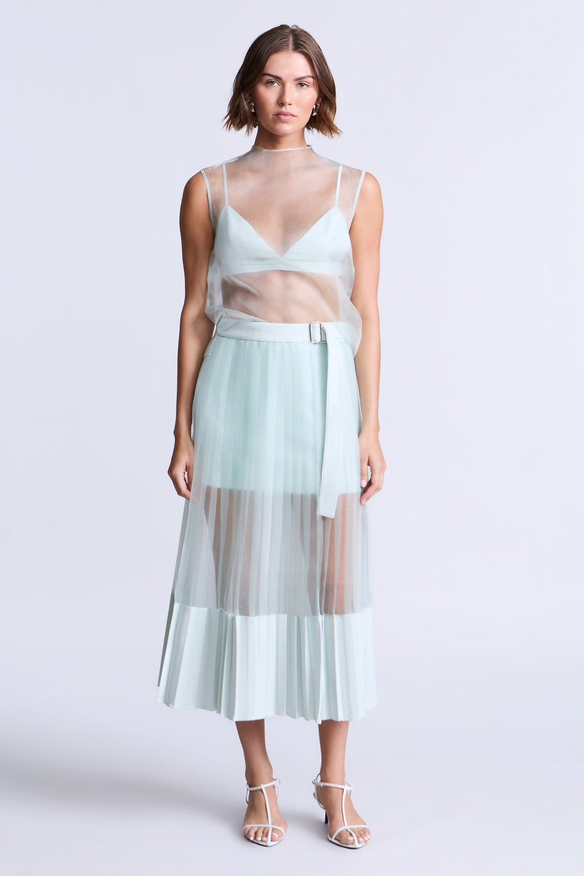 BCBGMAXAZARIA Erin Softly pleated midi skirt in an airy aqua hue