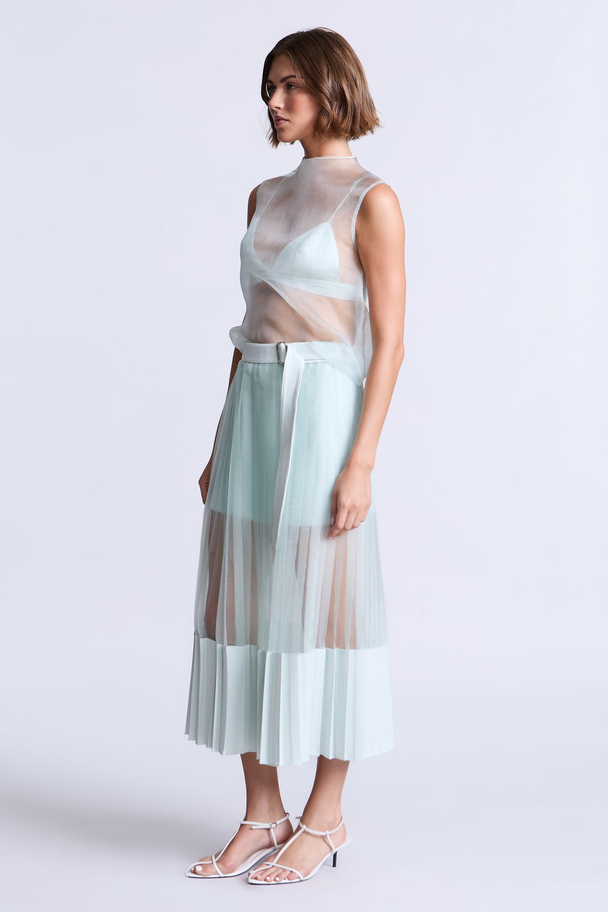BCBGMAXAZARIA Erin Softly pleated midi skirt in an airy aqua hue