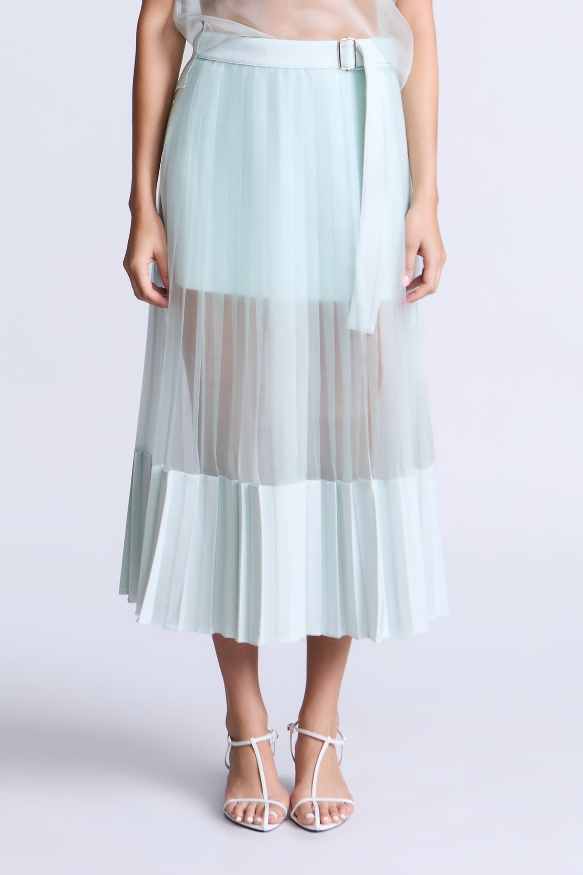 BCBGMAXAZARIA Erin Softly pleated midi skirt in an airy aqua hue