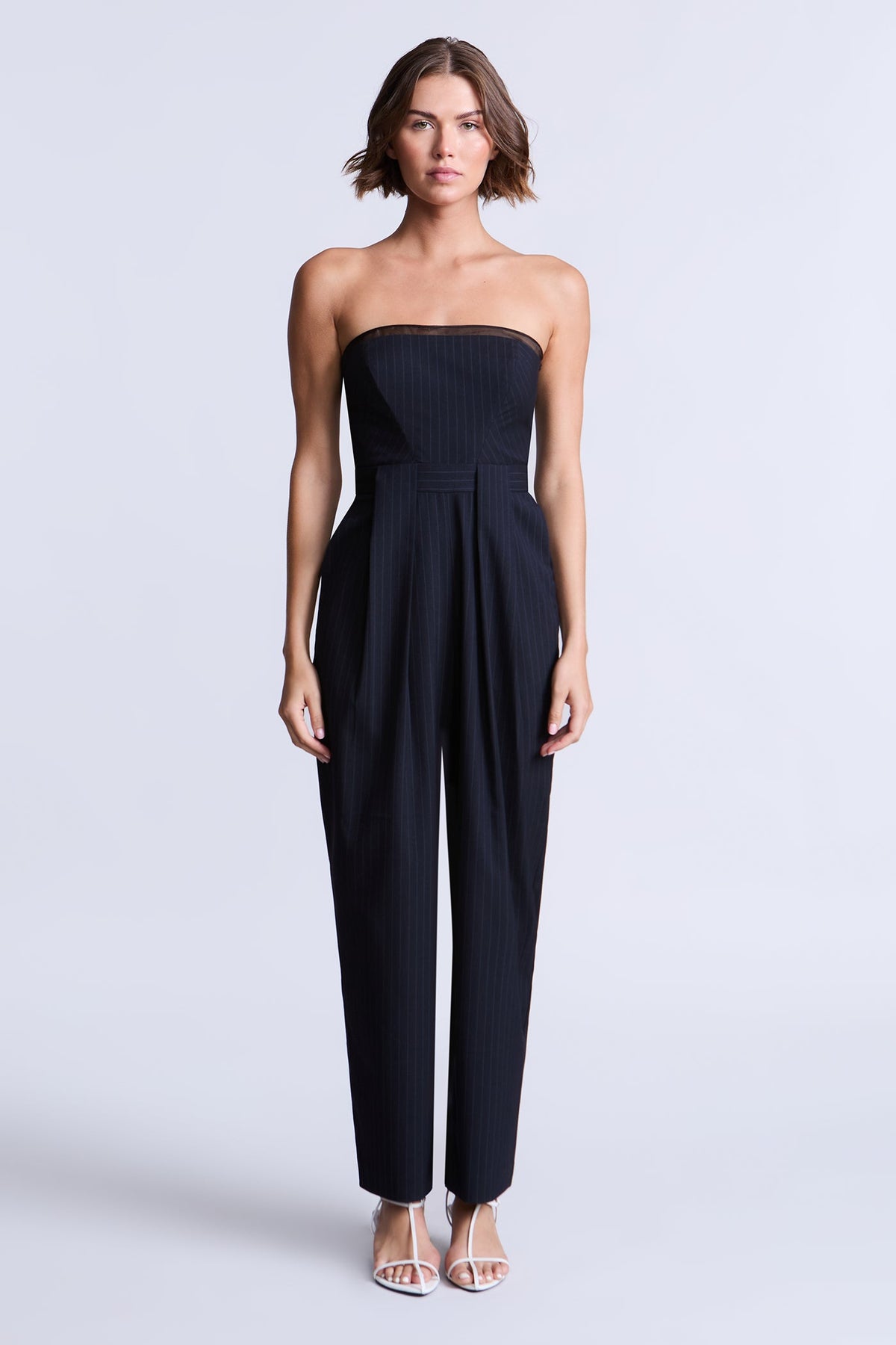 BCBGMAXAZARIA Donna Jumpsuit Navy pinstripe tailored with a sharp architectural finish and subtle stretch
