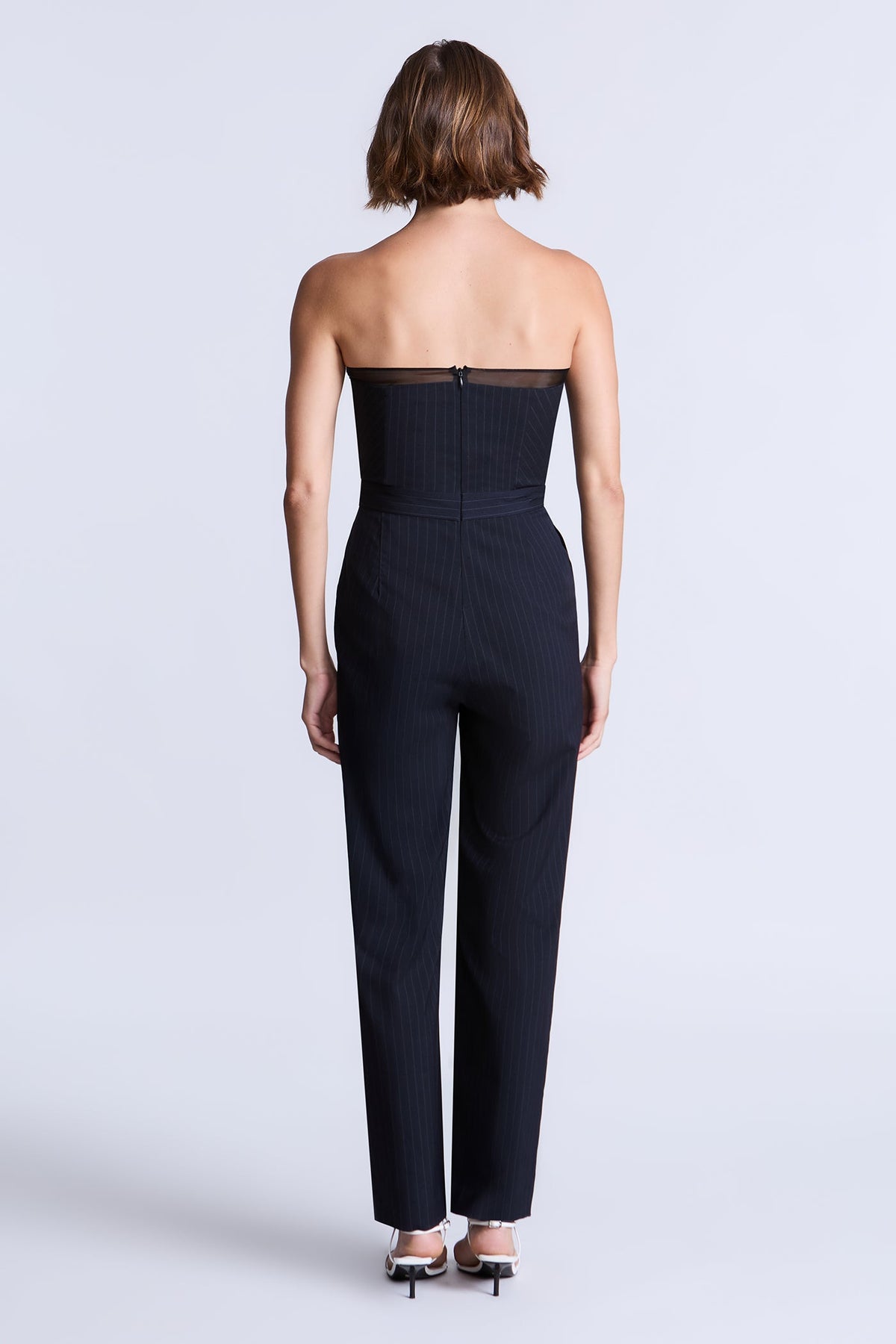 BCBGMAXAZARIA Donna Jumpsuit Navy pinstripe tailored with a sharp architectural finish and subtle stretch