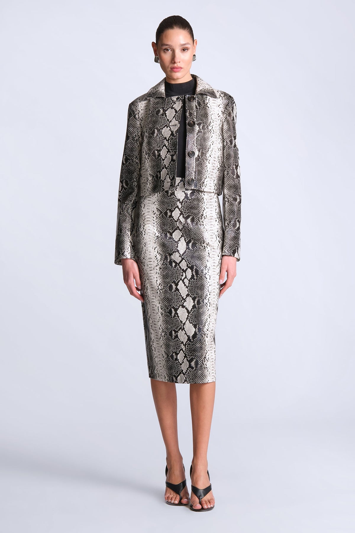 BCBGMAXAZARIA Paloma Printed Jacket Cropped python cut with a structured hand and glossy finish.