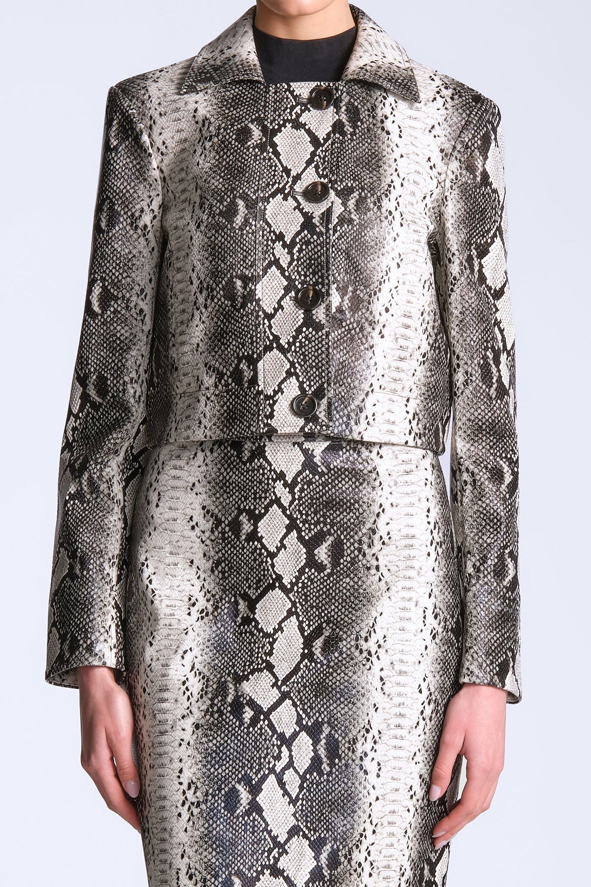 BCBGMAXAZARIA Paloma Printed Jacket Cropped python cut with a structured hand and glossy finish.
