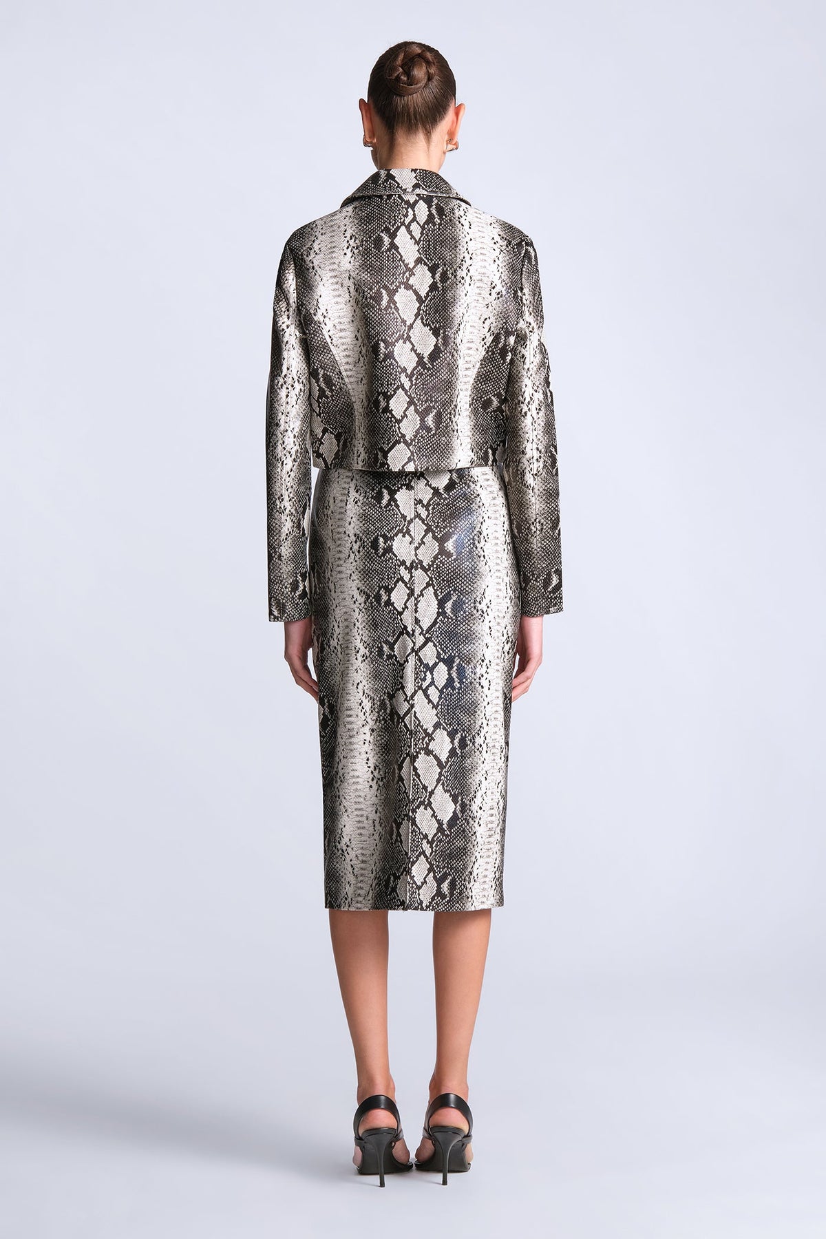 BCBGMAXAZARIA Paloma Printed Jacket Cropped python cut with a structured hand and glossy finish.