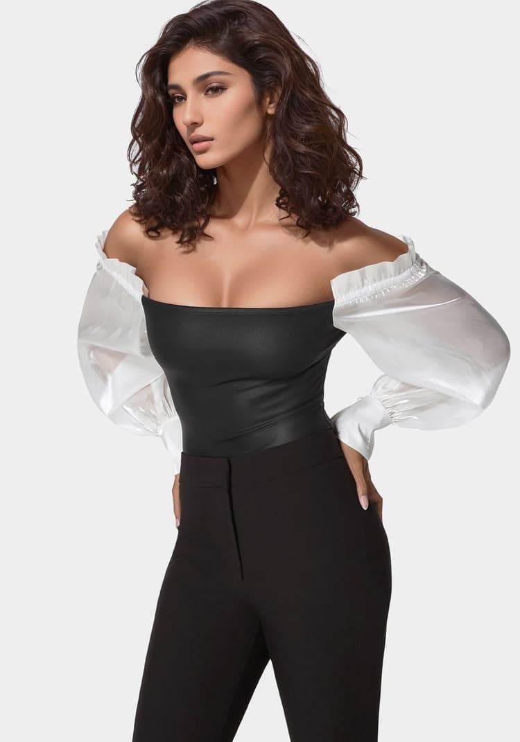 Bebe Liquid Chiffon Sleeve Coated Knit Bodysuit