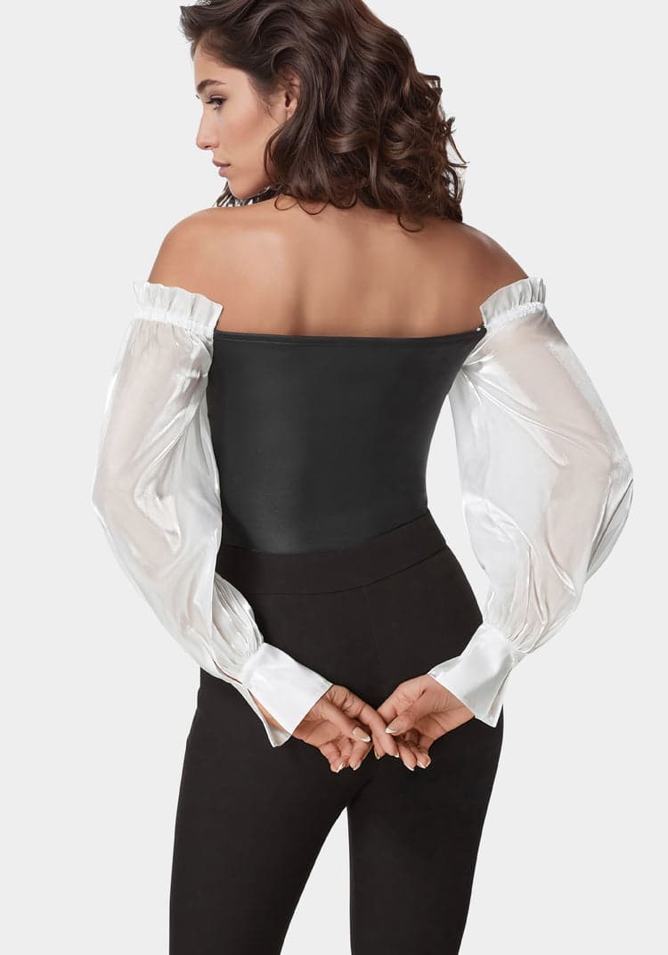 Bebe Liquid Chiffon Sleeve Coated Knit Bodysuit