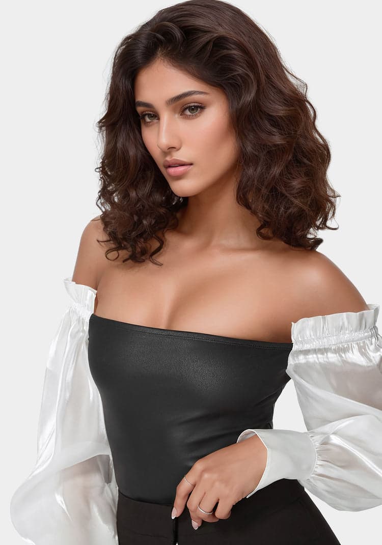 Bebe Liquid Chiffon Sleeve Coated Knit Bodysuit