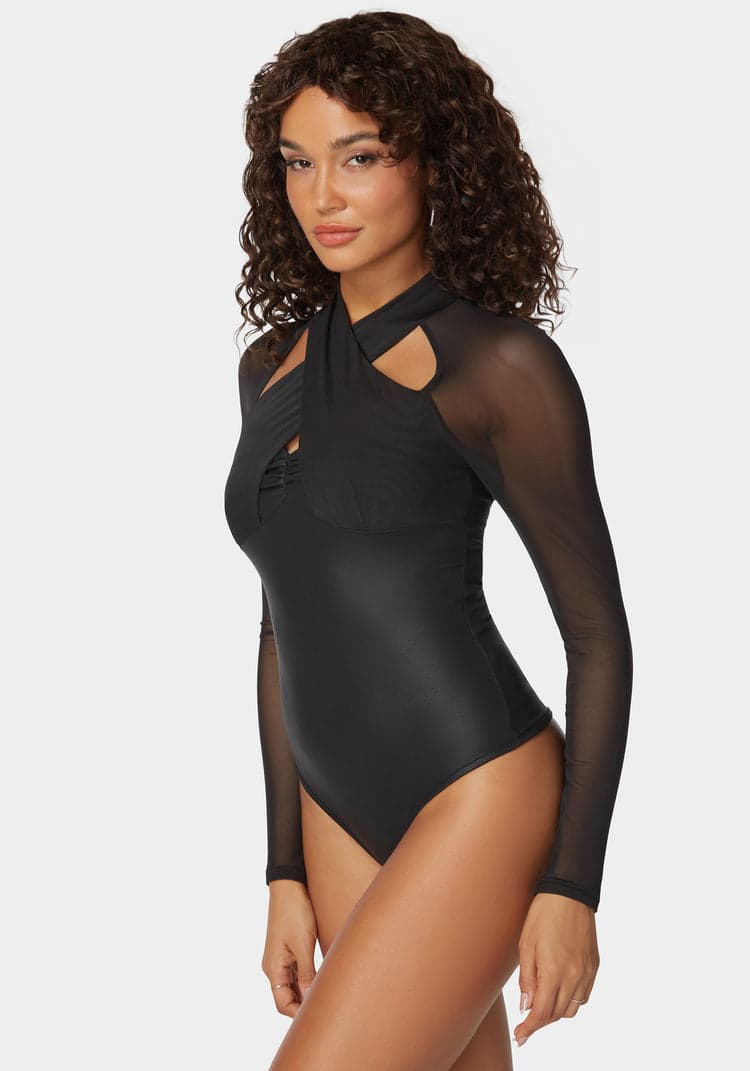 Bebe Coated Knit Combo Mesh Halter Neck Bodysuit