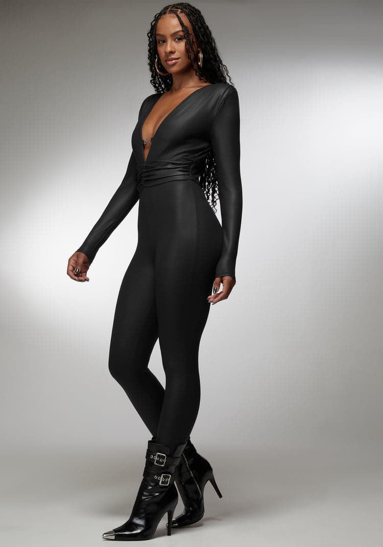 Bebe Plunging V-Neck Metal Trim Detail Catsuit