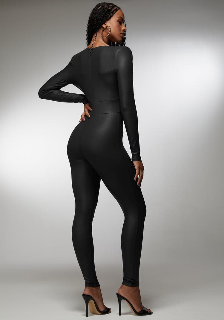 Bebe Plunging V-Neck Metal Trim Detail Catsuit
