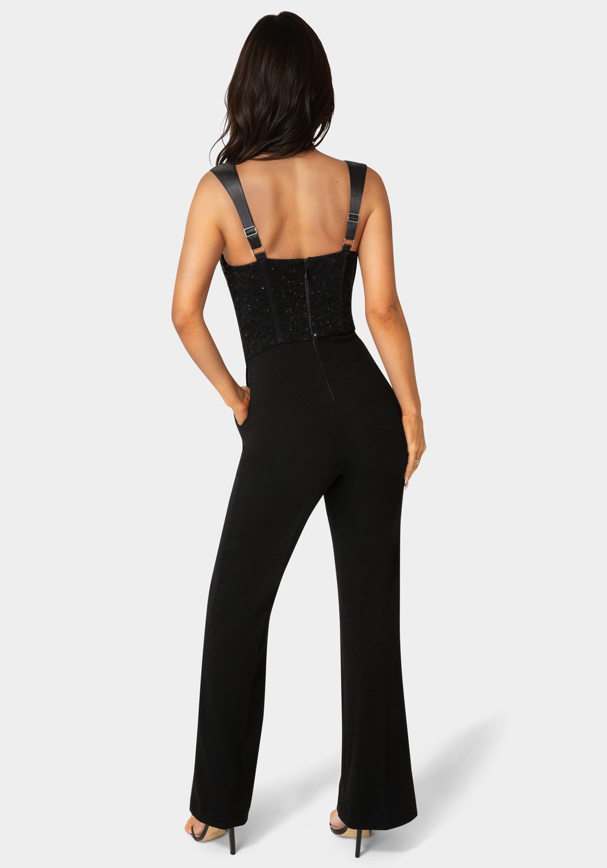 Bebe Straight Flare-Leg Lace Corset Jumpsuit