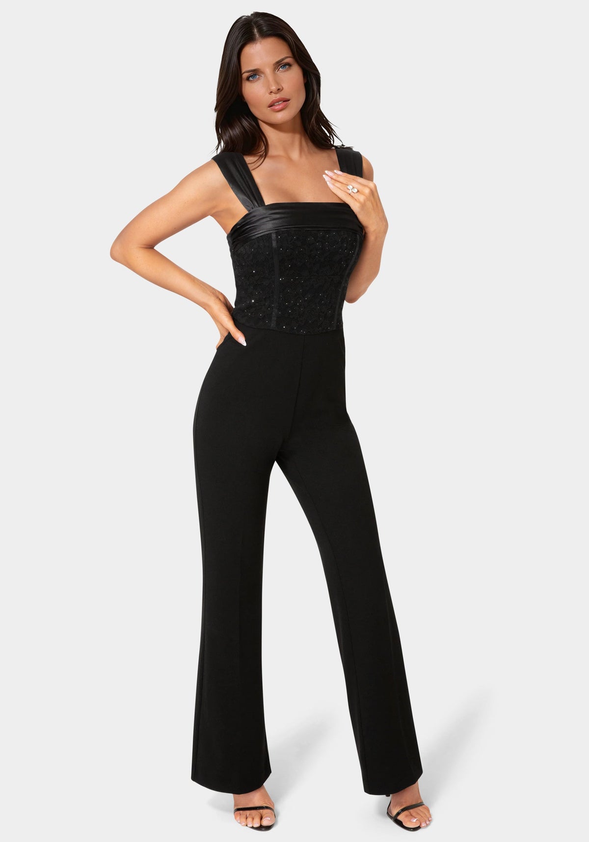 Bebe Straight Flare-Leg Lace Corset Jumpsuit