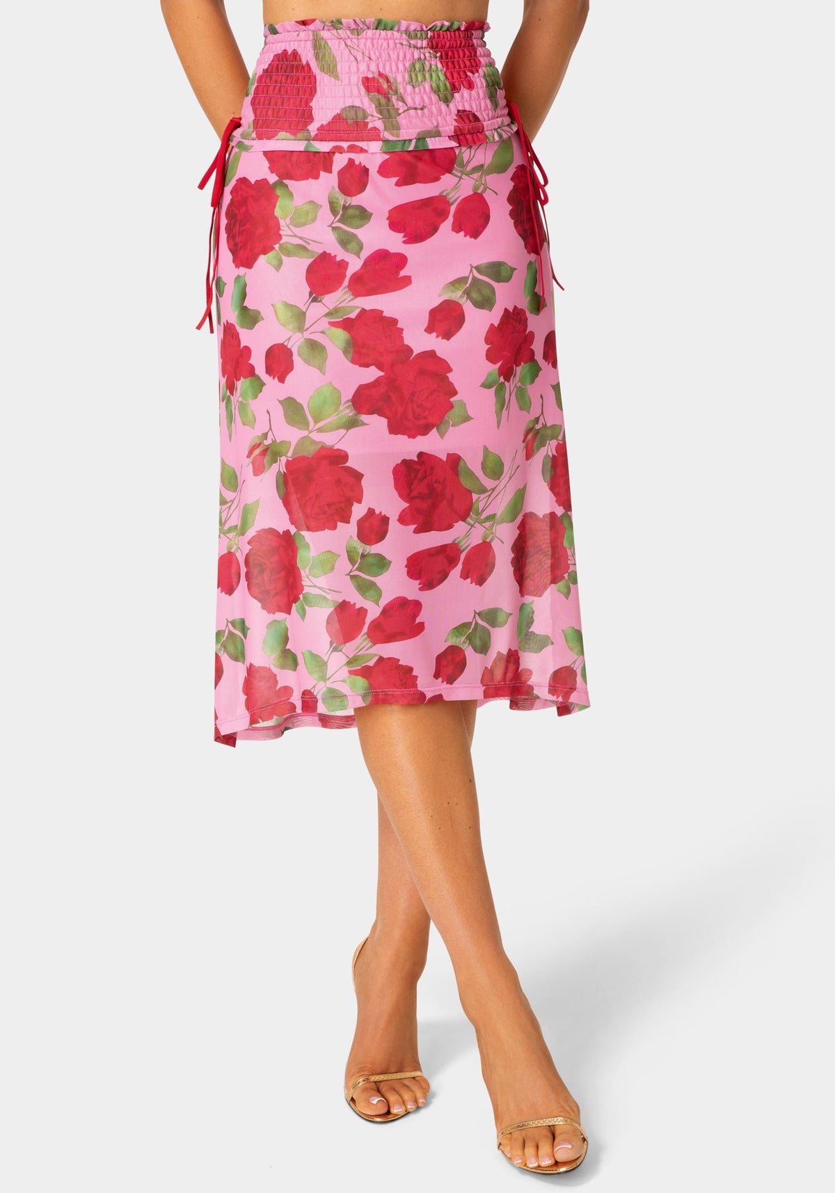 Bebe Floral Printed Mesh Maxi Skirt