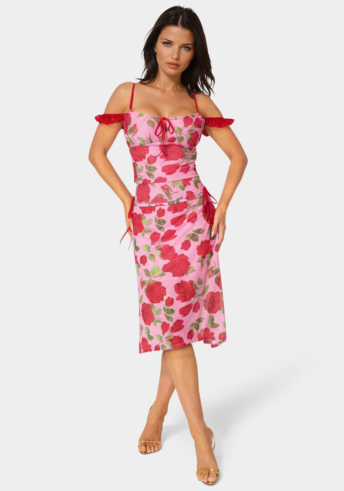 Bebe Floral Printed Mesh Maxi Skirt