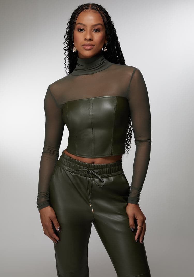 Bebe Mock Neck Mesh Combo Vegan Leather Top