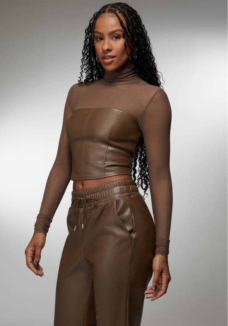 Bebe Mock Neck Mesh Combo Vegan Leather Top
