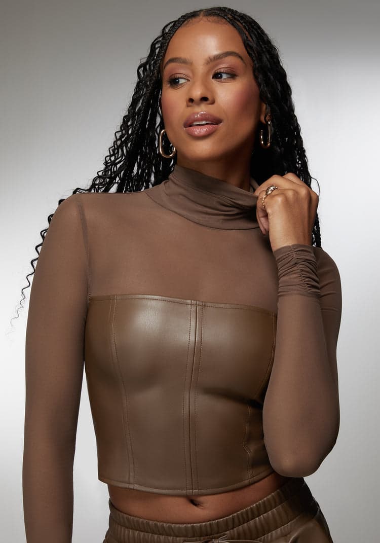 Bebe Mock Neck Mesh Combo Vegan Leather Top