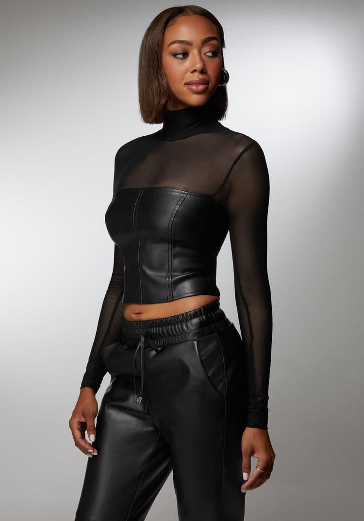 Bebe Mock Neck Mesh Combo Vegan Leather Top