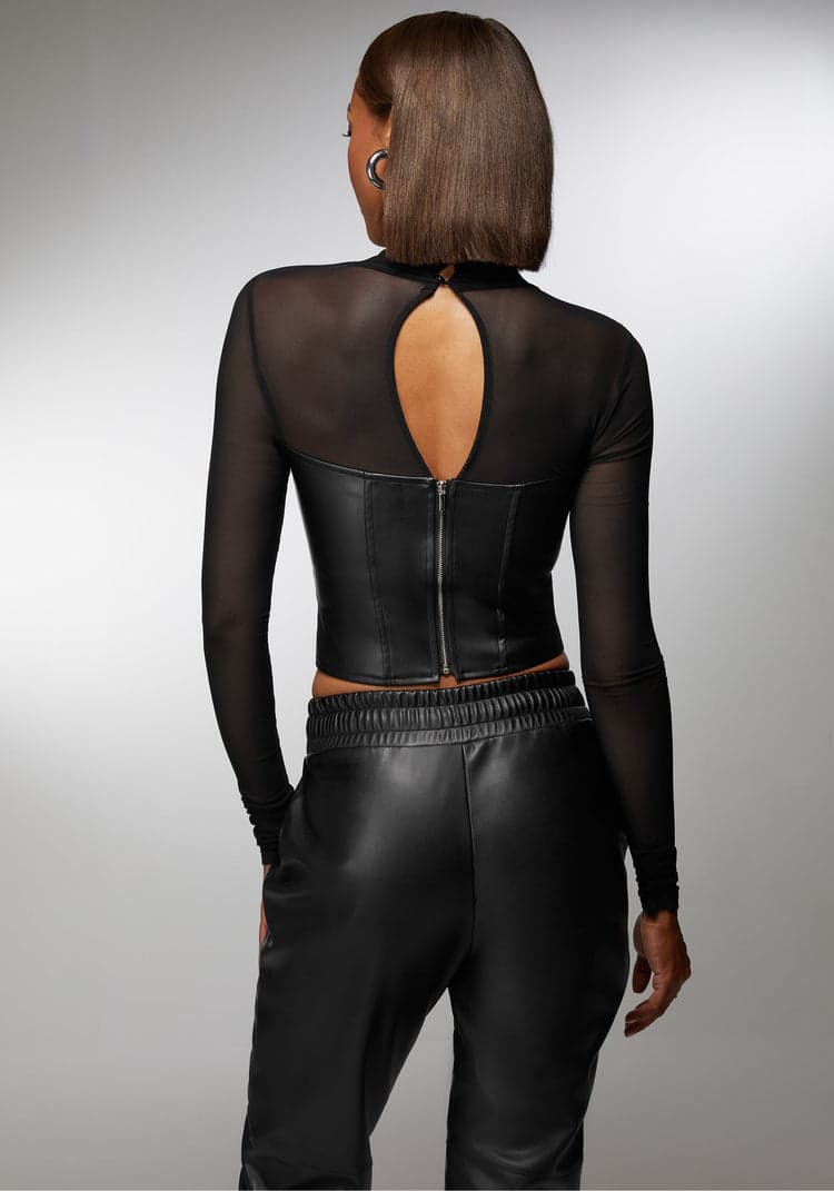 Bebe Mock Neck Mesh Combo Vegan Leather Top