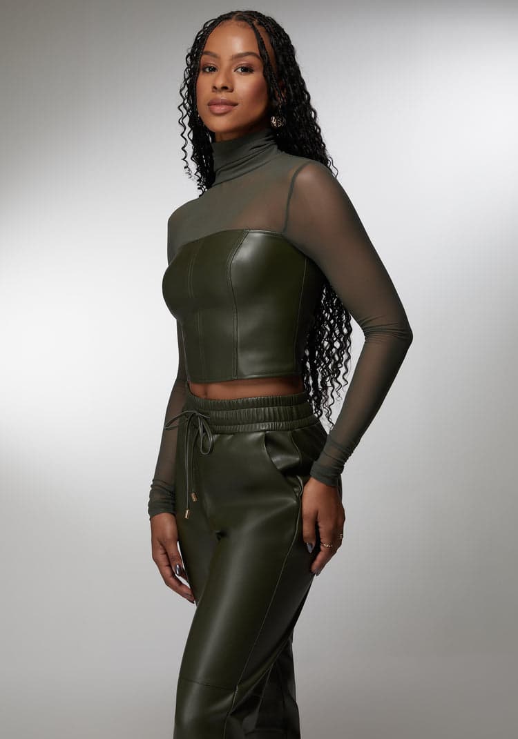 Bebe Mock Neck Mesh Combo Vegan Leather Top