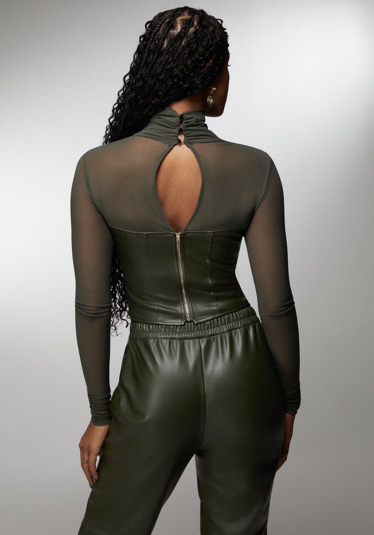 Bebe Mock Neck Mesh Combo Vegan Leather Top