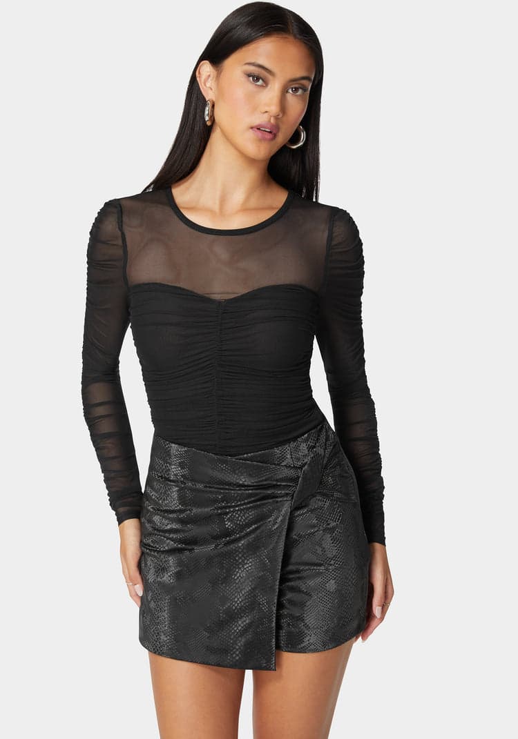 Bebe Sweetheart Neckline Shirred Mesh Bodysuit